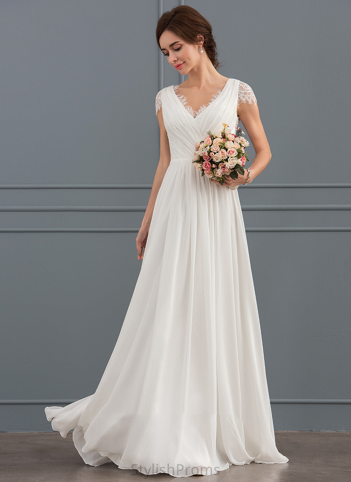 Elyse V-neck Wedding With Wedding Dresses Floor-Length Dress Ruffle A-Line Chiffon Lace