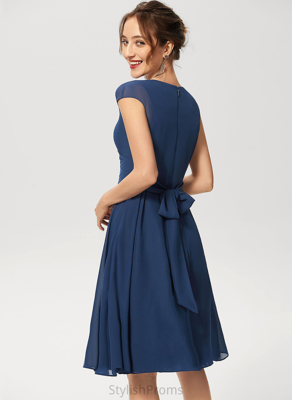 Ruffle Chiffon Cocktail A-Line Sahna Dress V-neck With Cocktail Dresses Knee-Length