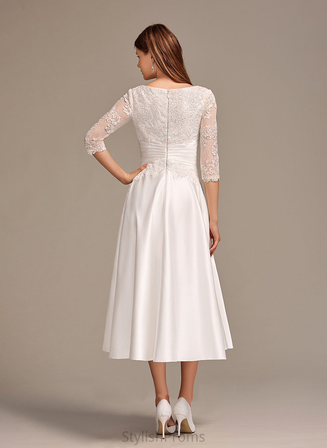 Pockets With Lace Riley Dress Satin Scoop Wedding Dresses Wedding Neck A-Line Tea-Length