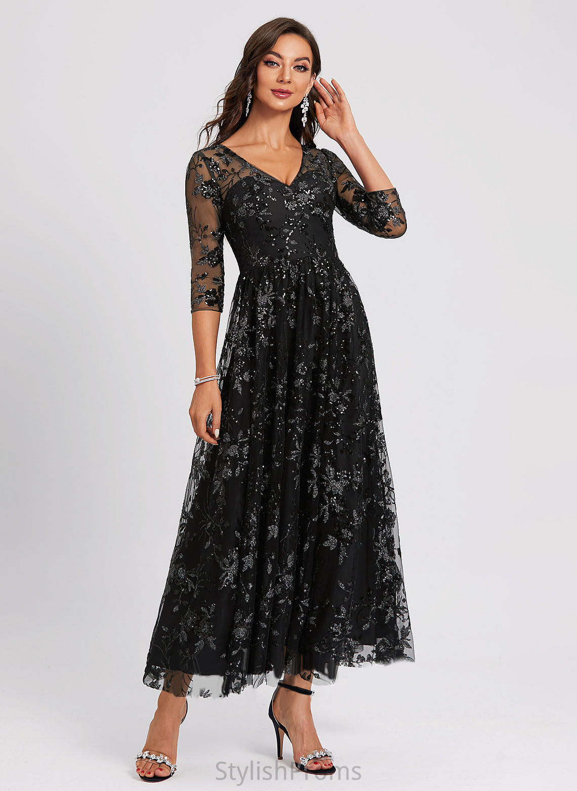 Rosalyn A-Line Dress Cocktail Dresses Sequined V-neck Lace Ankle-Length Cocktail