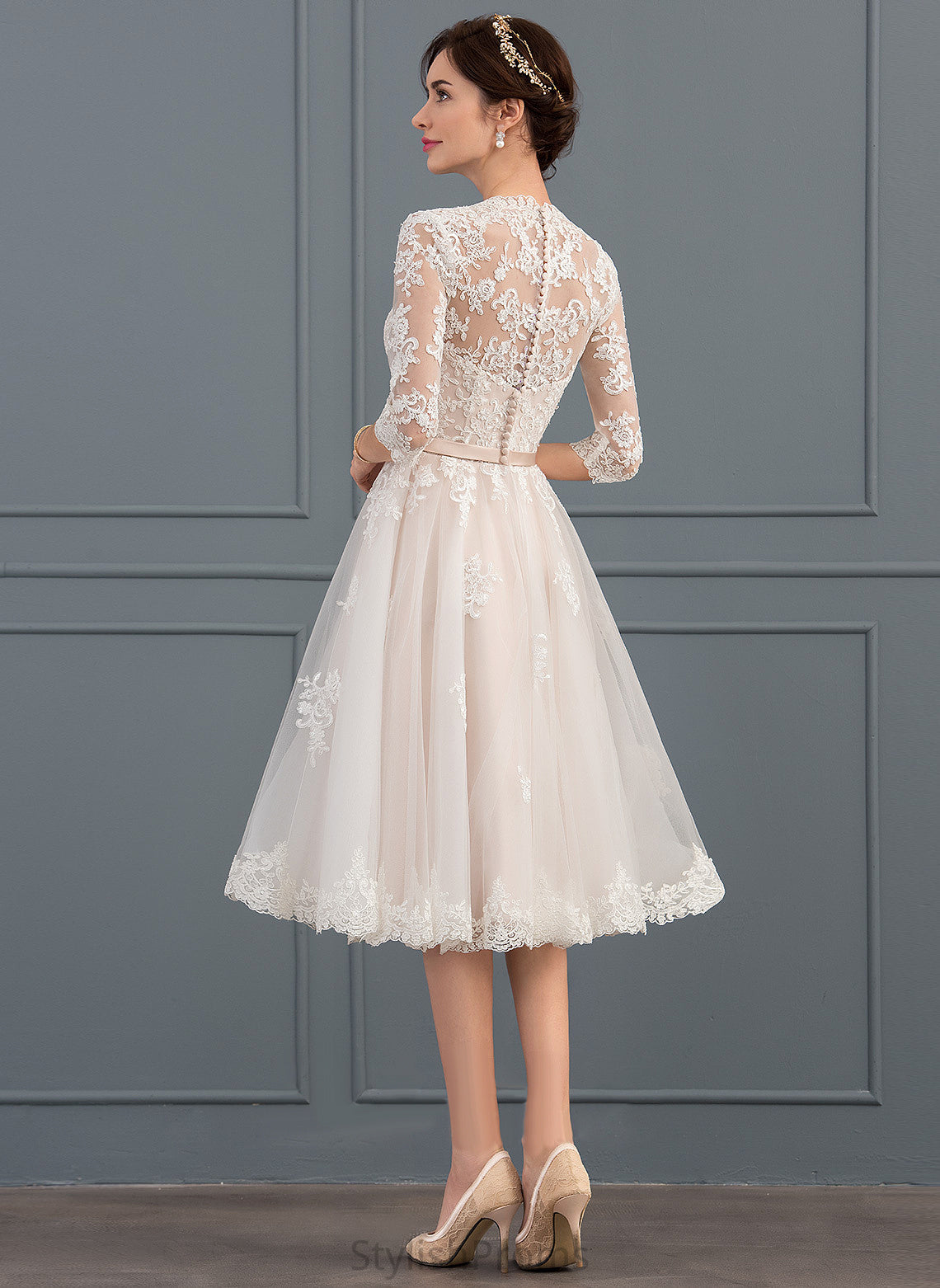 Tulle A-Line With Bow(s) Knee-Length V-neck Wedding Alannah Dress Wedding Dresses Lace