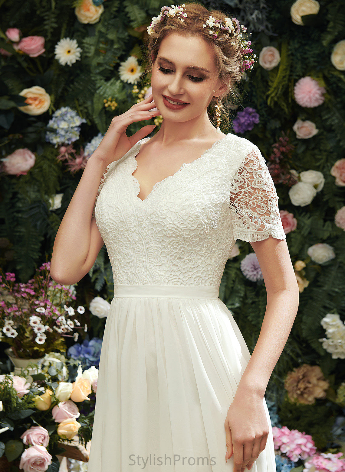 Lace V-neck Cecilia With Asymmetrical Wedding Dress A-Line Wedding Dresses