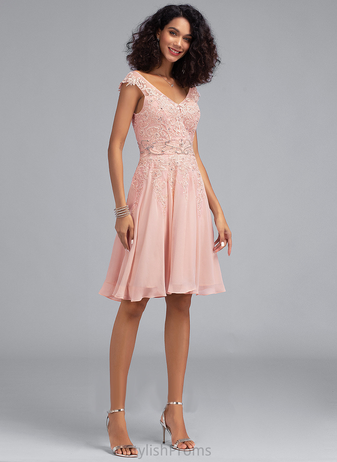 Chiffon A-Line Lace V-neck Cocktail Cocktail Dresses Gwen Knee-Length Dress With Beading Lace