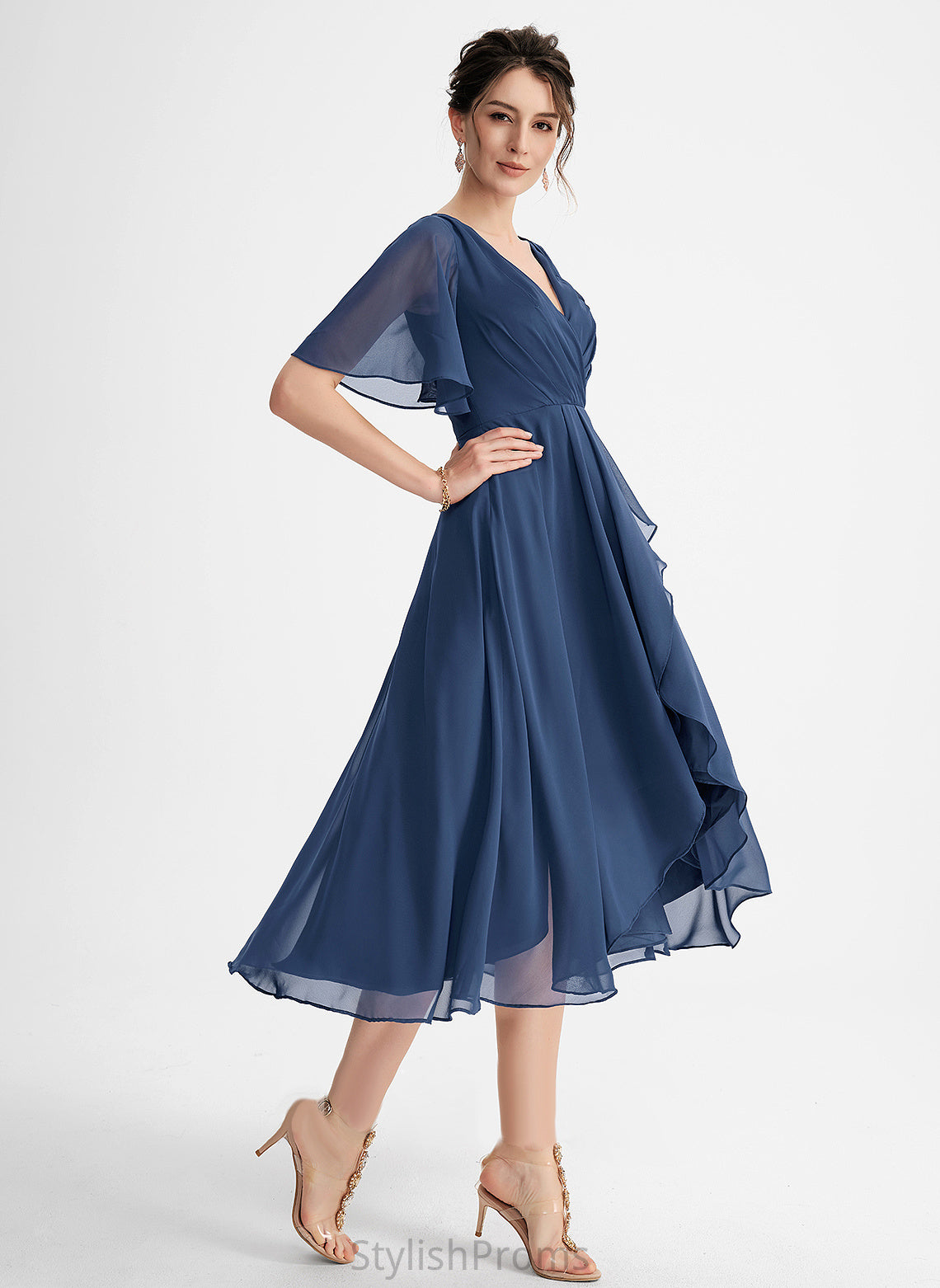 A-Line Asymmetrical Evangeline V-neck Cocktail Dresses Chiffon With Dress Ruffle Cocktail