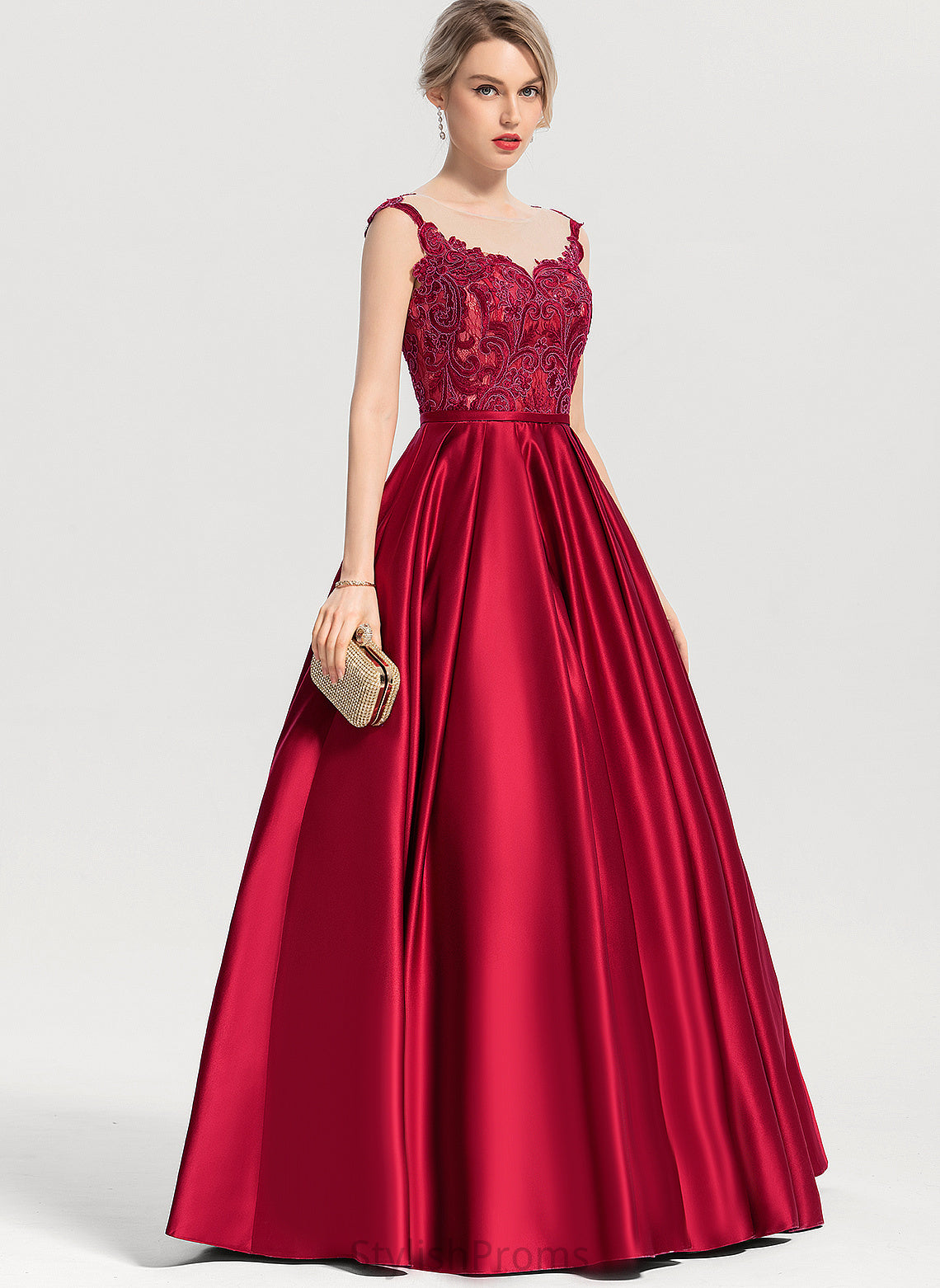 Sequins Floor-Length Scoop Ball-Gown/Princess Prom Dresses With Satin Ashanti Illusion Lace