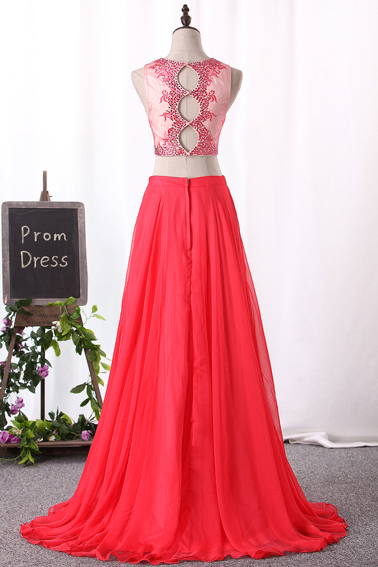 2024 Two Pieces Prom Dresses Chiffon V Neck A Line With Beads And Applique