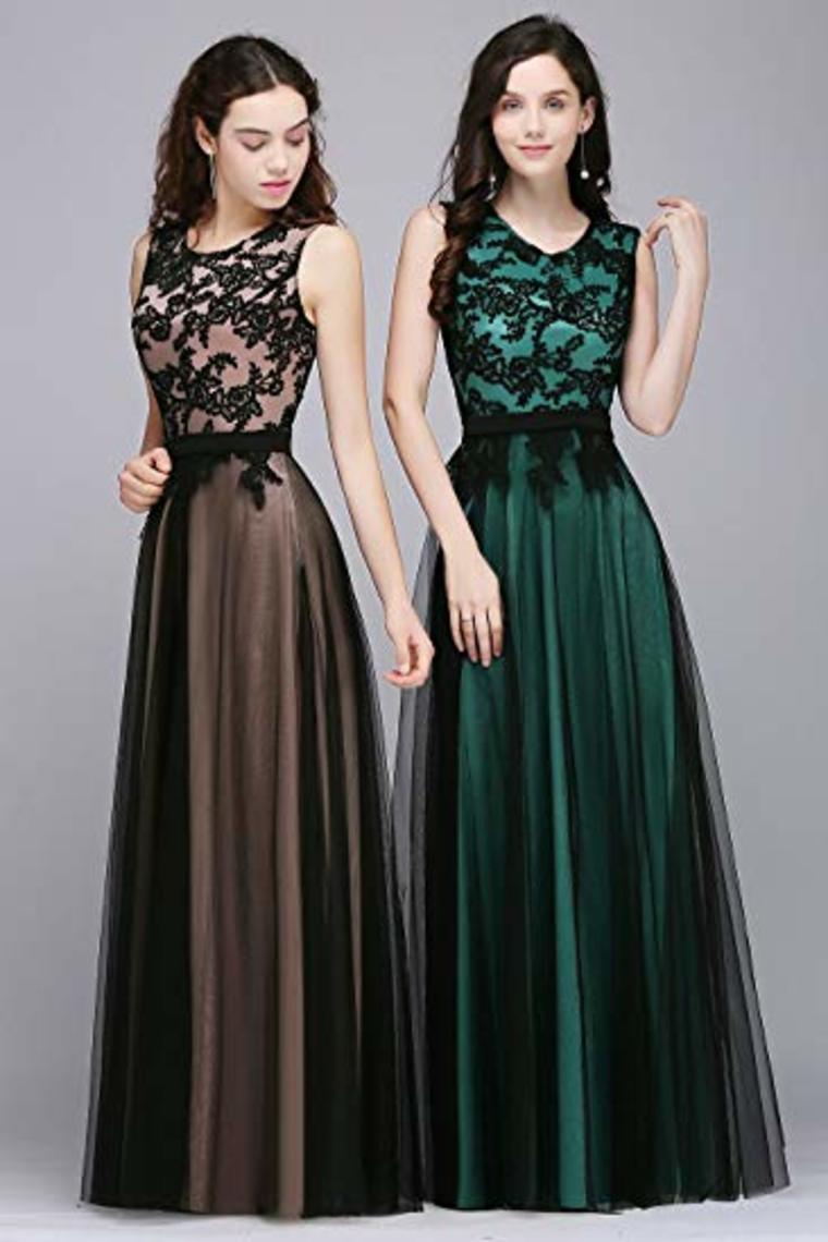 Lace Tulle Round Neck A Line Sleeveless Wedding Bridesmaid Long Evening  Festive Party Dress