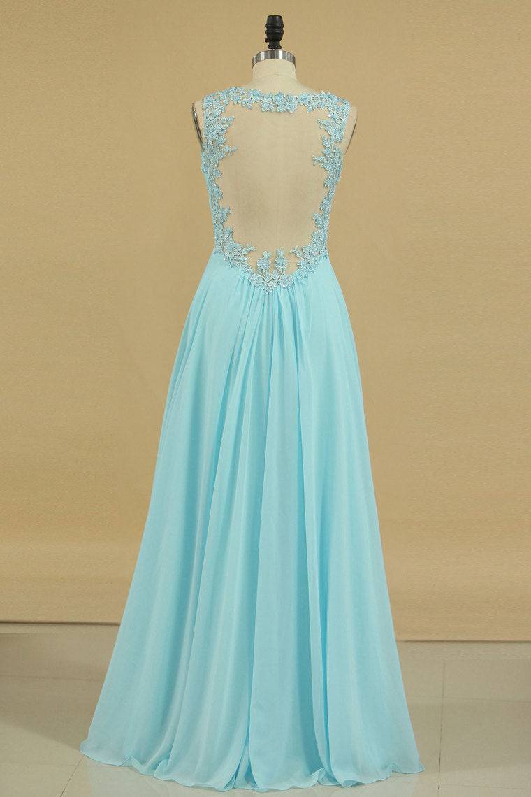 2024 Plus Size V-Neck Prom Dresses A Line Floor Length With Ruffles & Applique Chiffon