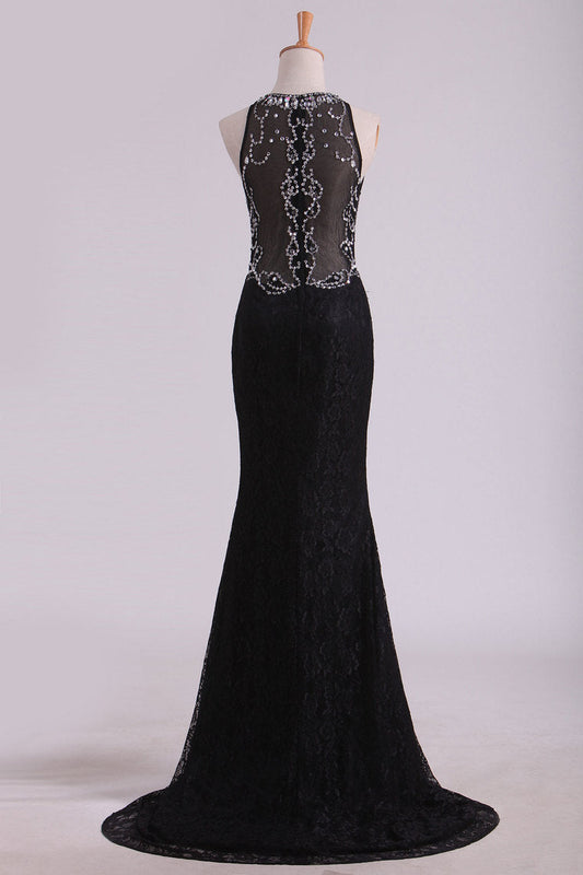 2024 New Arrival Scoop Prom Dresses Mermaid Beaded Bodice Sweep Train Lace