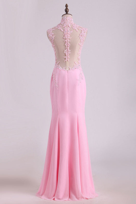 2024 High Neck Chiffon Prom Dresses Mermaid/Trumpet With Applique And Beads