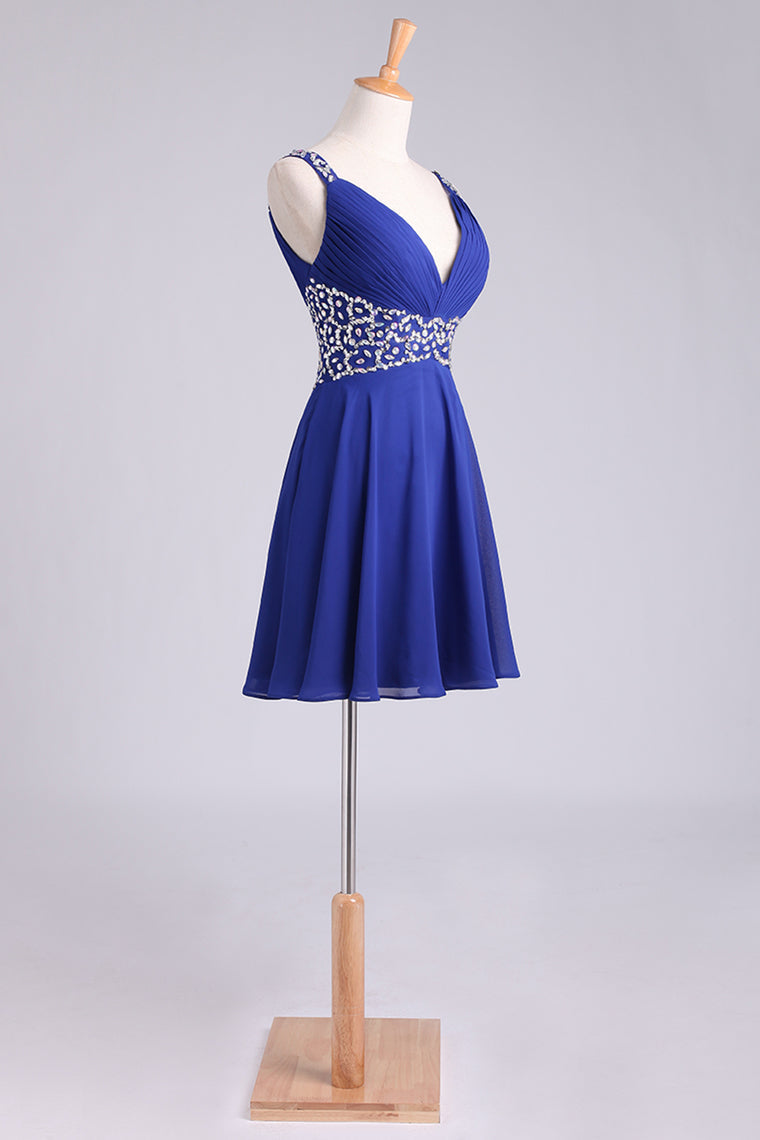 2024 Homecoming Dresses Straps A-Line Short/Mini Chiffon With Beads And Ruffles Dark Royal Blue