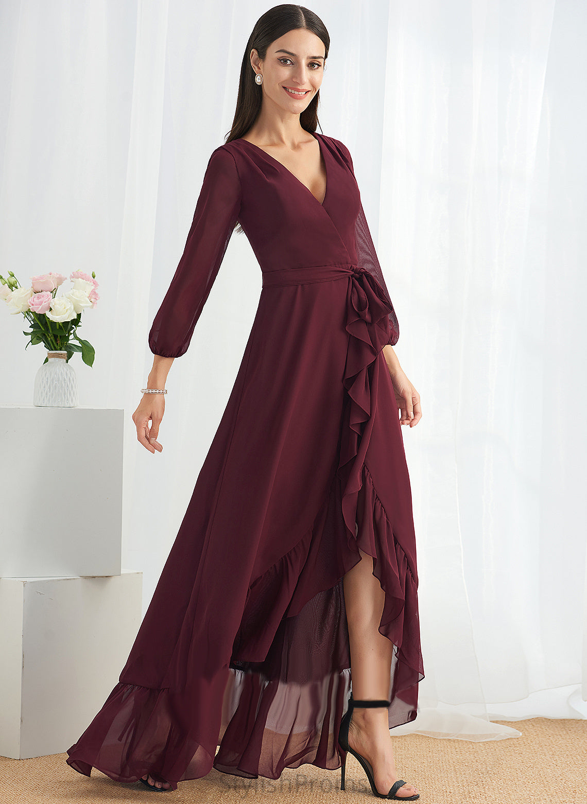 Cocktail Front Chiffon With Cocktail Dresses V-neck Greta Asymmetrical Split Ruffle A-Line Dress