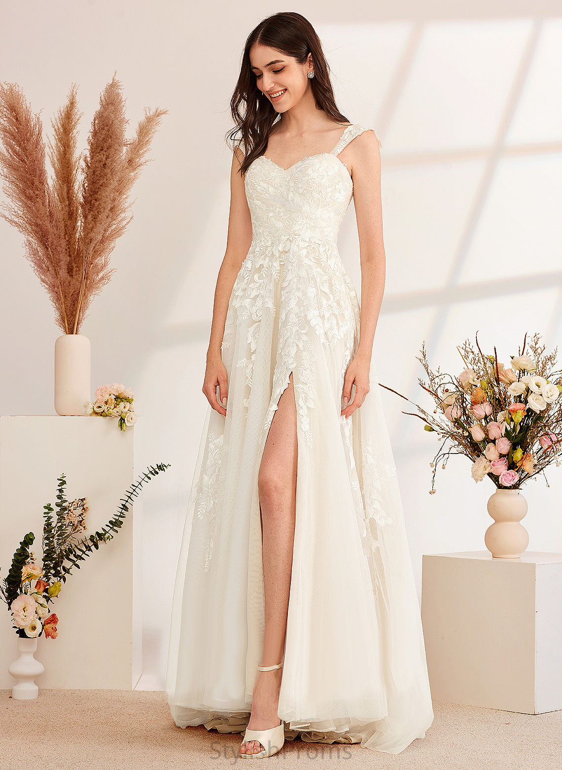 Wedding With Rylie Dress Sequins Lace Tulle A-Line Beading Sweep Train Off-the-Shoulder Wedding Dresses