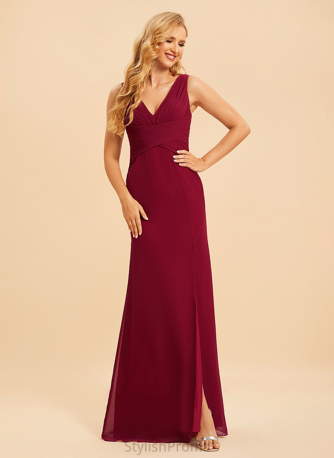 Silhouette Fabric Floor-Length Neckline Length Trumpet/Mermaid SplitFront V-neck Embellishment Serena Sleeveless Natural Waist Bridesmaid Dresses