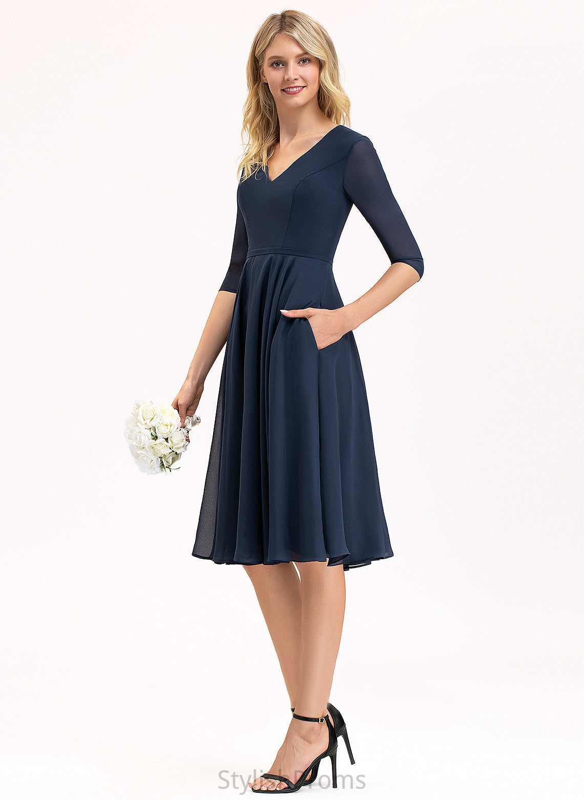 A-Line Cocktail Dresses With Tricia Cocktail V-neck Knee-Length Pockets Chiffon Dress