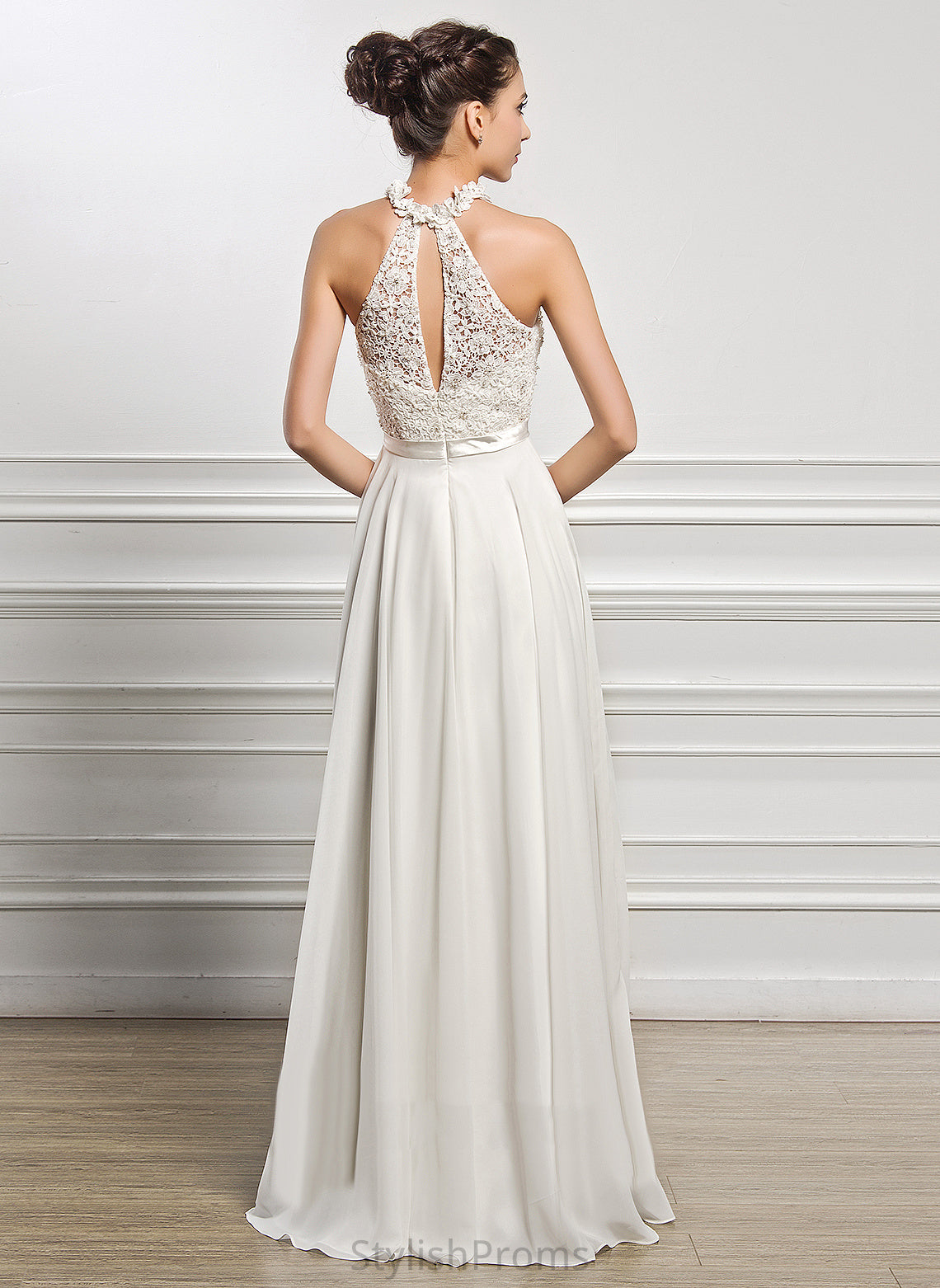 A-Line Floor-Length Chiffon Wedding Dresses Scoop Sequins Dress With Wedding Lace Piper Beading Neck