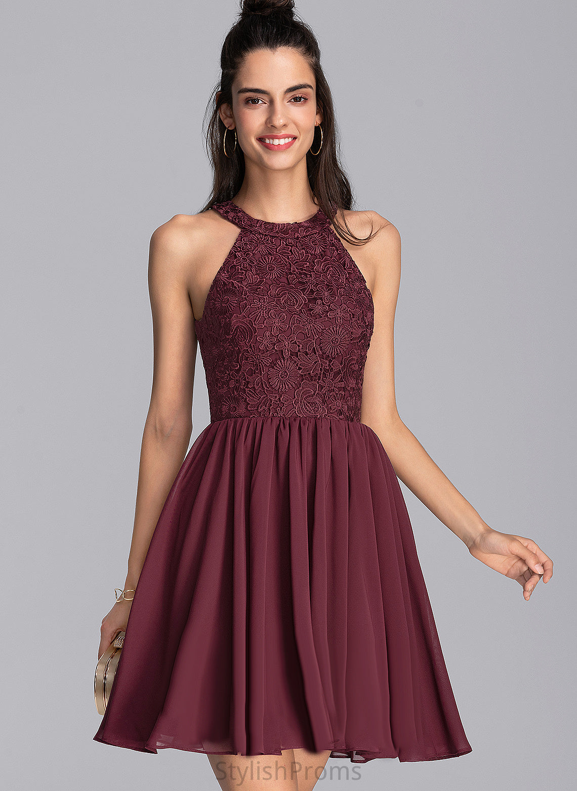 Cocktail Linda Scoop Cocktail Dresses Lace Neck Lace Chiffon With Dress A-Line Short/Mini