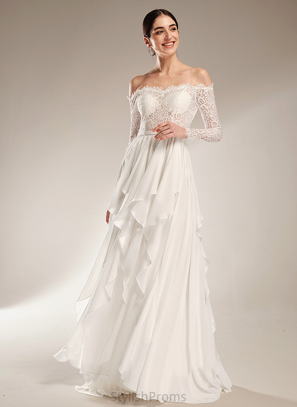 Ruffle Wedding Lace Court Off-the-Shoulder With Chiffon Train Wedding Dresses Madge Dress A-Line