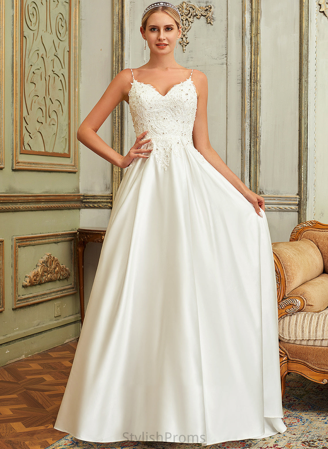 V-neck Train Satin Penelope Sweep Dress Beading Wedding Dresses Ball-Gown/Princess Sequins With Pockets Lace Lace Wedding