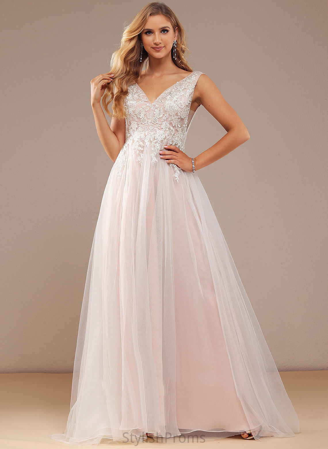 V-neck Wedding Dresses Tulle Dress Lace Sweep Wedding Lace With Train Keely Ball-Gown/Princess