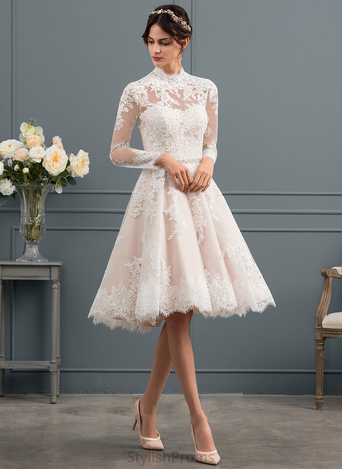 Knee-Length Dress Wedding Dresses Wedding A-Line Illusion Lace Persis