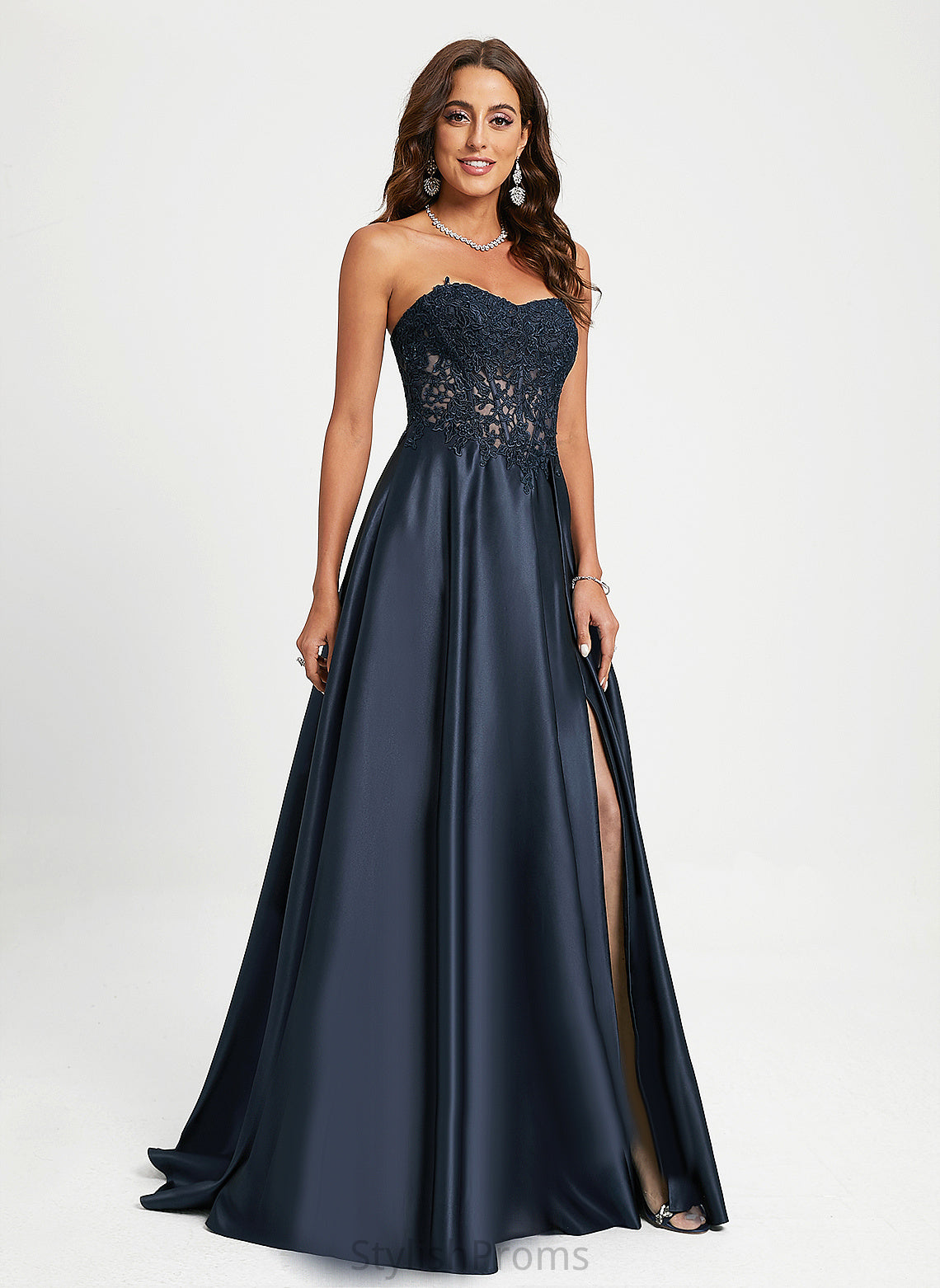 Satin A-Line Sweetheart Train Sweep Kamila Lace Prom Dresses