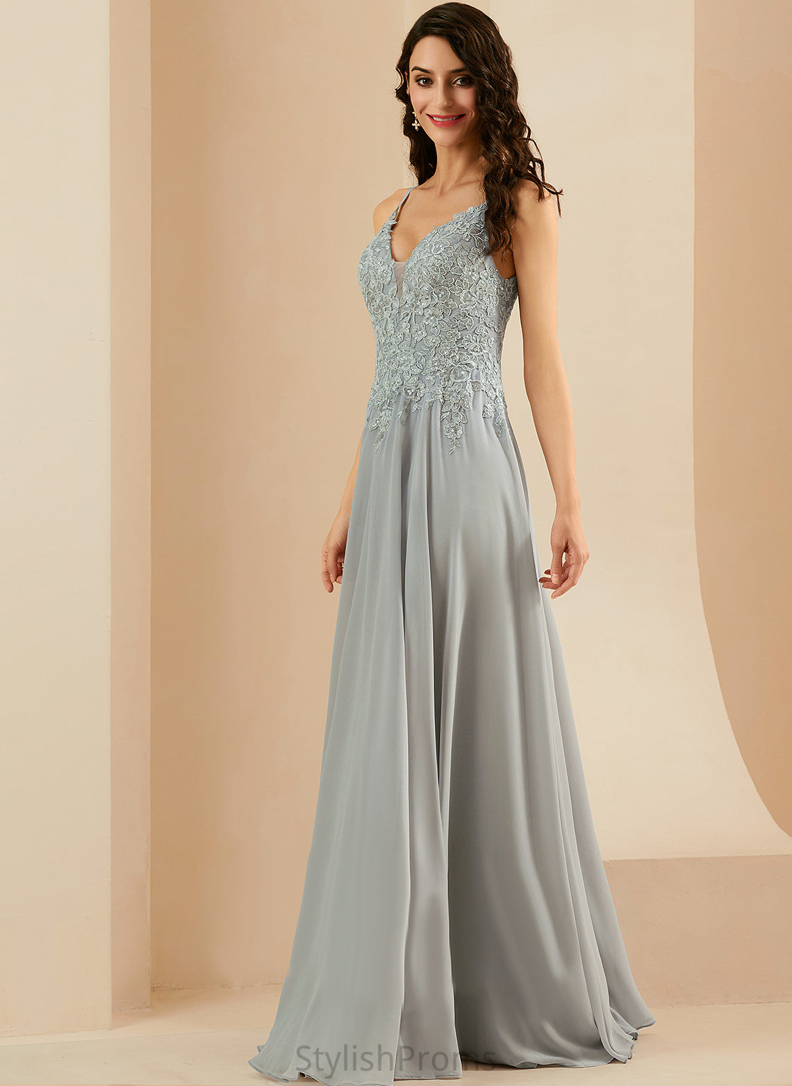 Lace Floor-Length Prom Dresses V-neck A-Line Kallie Sequins Chiffon With