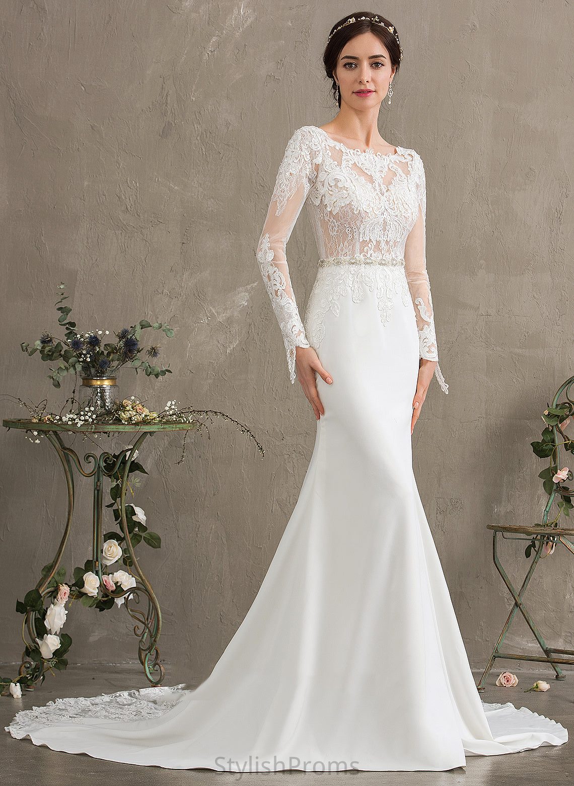 With Neck Lace Sequins Dress Beading Stretch Lindsey Wedding Dresses Scoop Chapel Wedding Trumpet/Mermaid Crepe Train