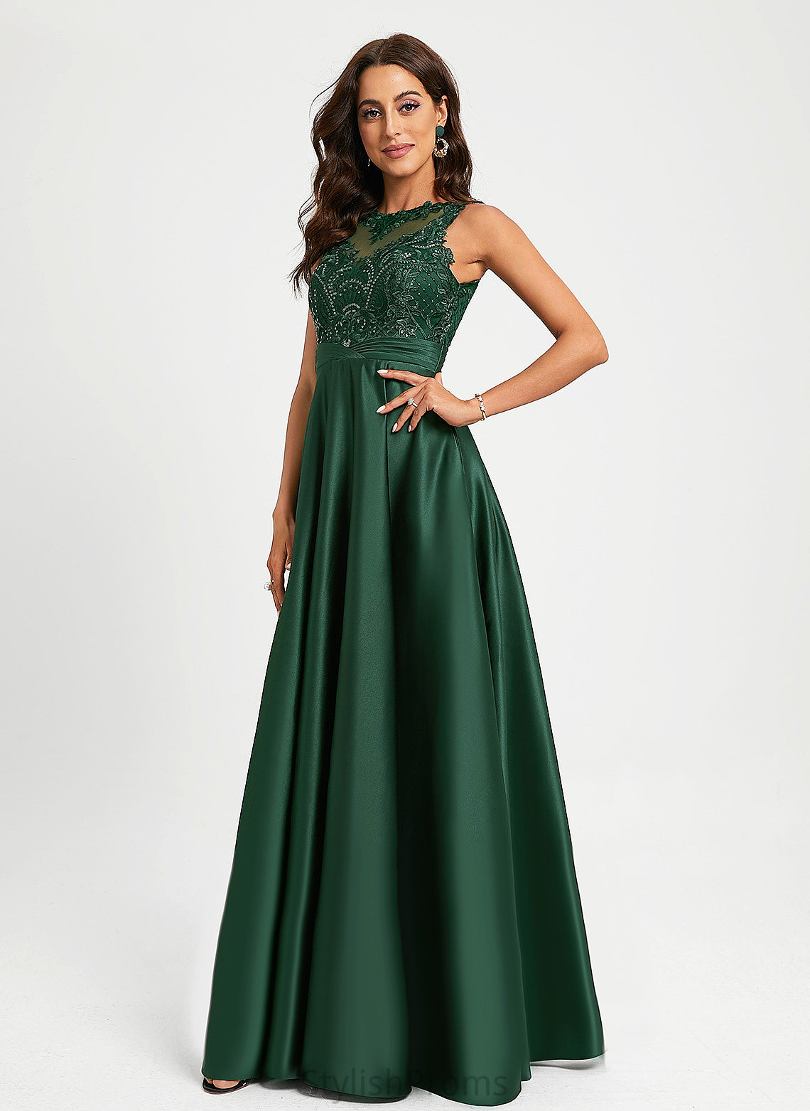 Jemima Lace Sequins Prom Dresses With Satin Scoop Floor-Length Ball-Gown/Princess