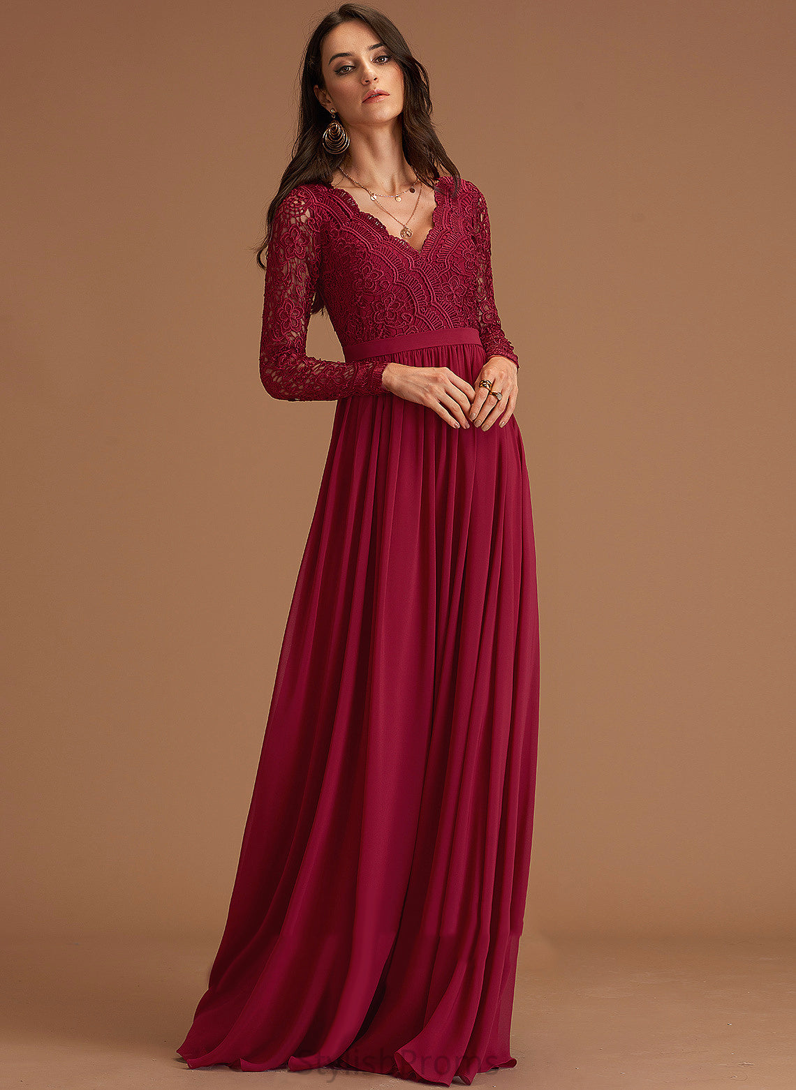 Long Francesca Chiffon Chiffon Sleeves A-line Lace Maxi Dresses V-Neck Club Dresses