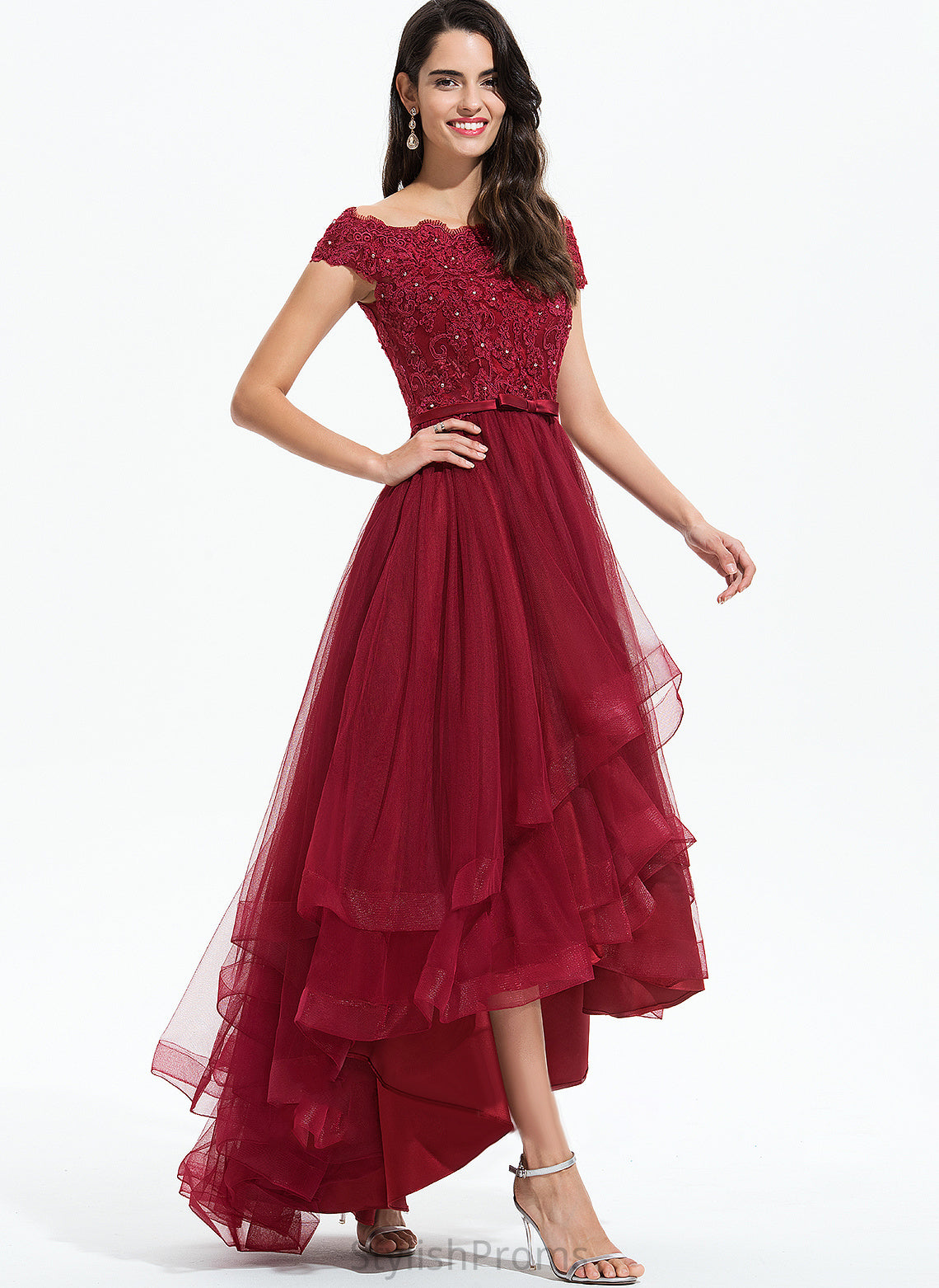 Lace Lace Paisley Asymmetrical With Beading Cocktail A-Line Cocktail Dresses Tulle Off-the-Shoulder Bow(s) Dress