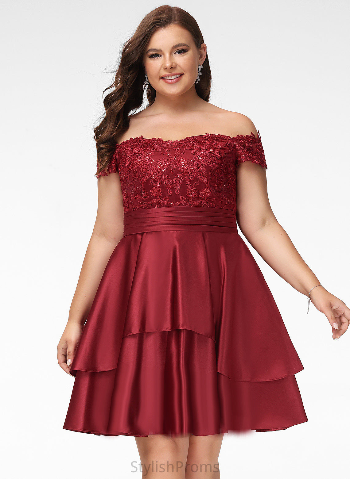 Cocktail Satin With Cocktail Dresses Knee-Length Lace A-Line Sequins Off-the-Shoulder Dress Maleah