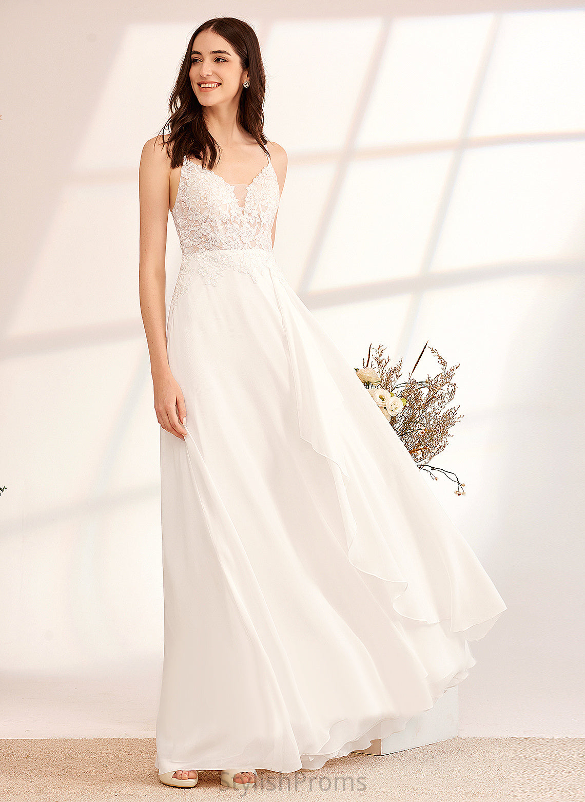 Lace Chiffon With Wedding Dress Haley A-Line Sequins V-neck Wedding Dresses Floor-Length