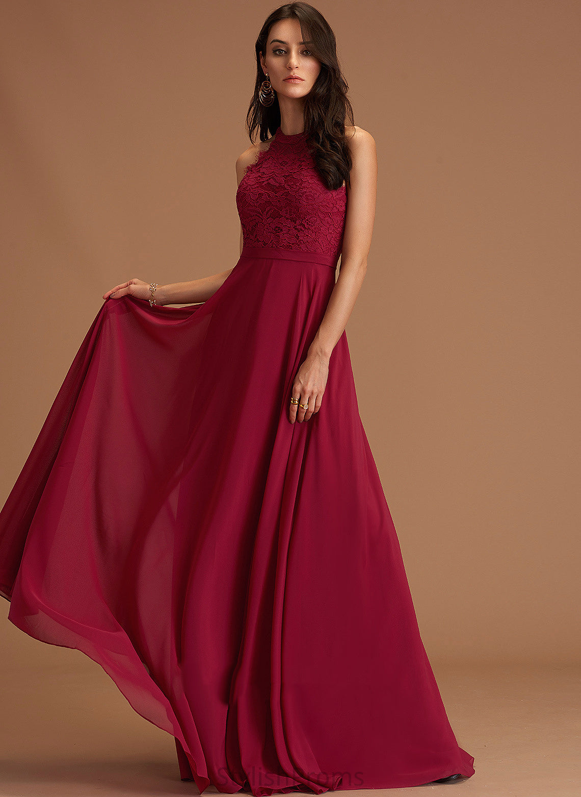 Fabric Silhouette Floor-Length Straps&Sleeves Lace A-Line Length Scoop Neckline Ashly A-Line/Princess Sleeveless Bridesmaid Dresses