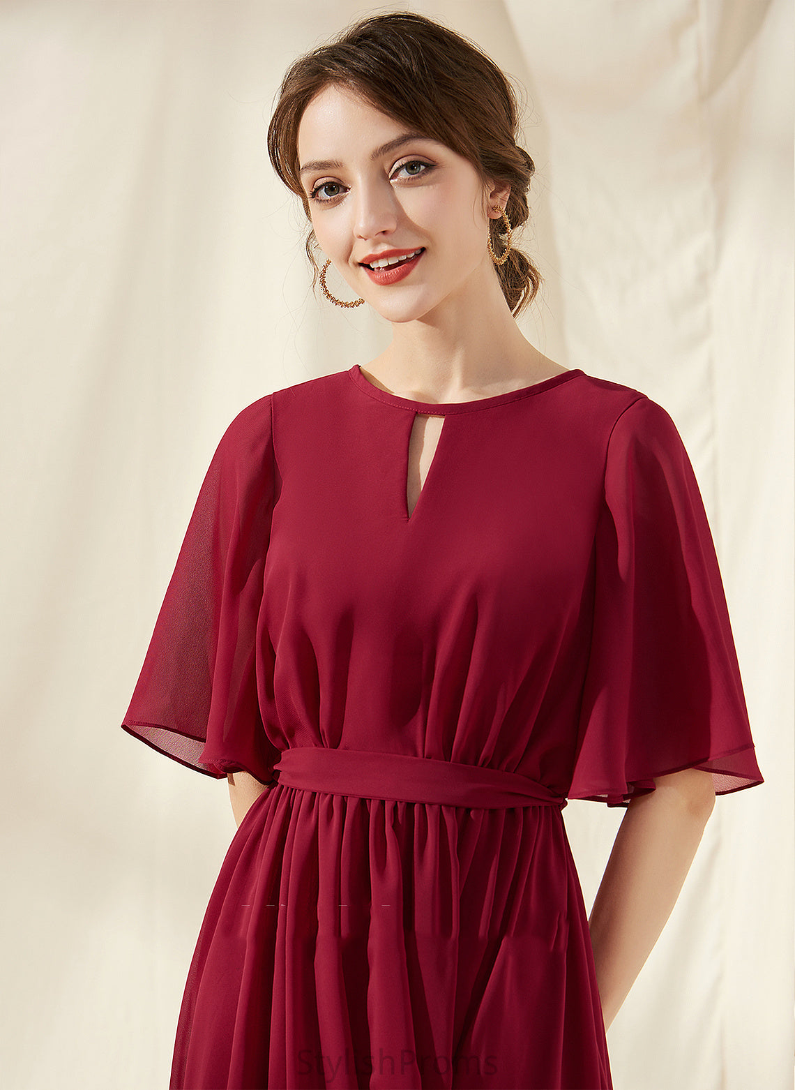 A-Line Tea-Length With Dress Cocktail Dresses Cecilia Scoop Cocktail Chiffon Bow(s) Ruffle Neck