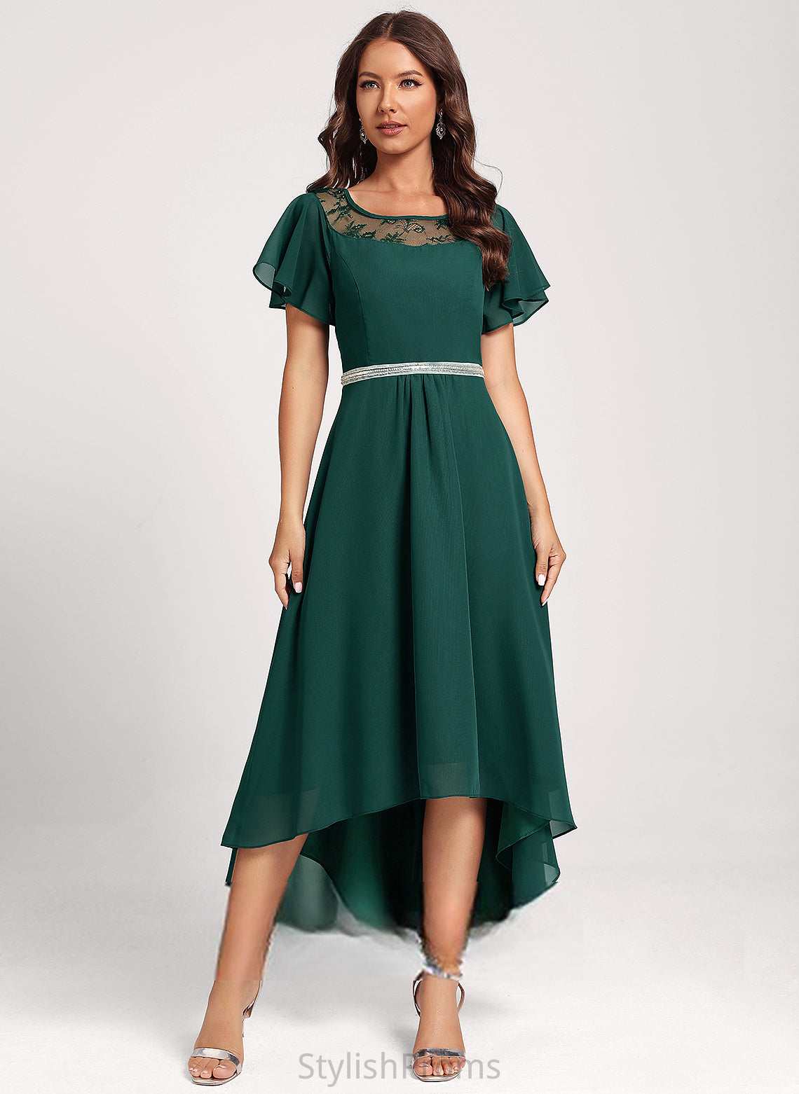 A-line Club Dresses Lace Rosalie Beading Short Chiffon Sleeves Round Neck Dresses Asymmetrical