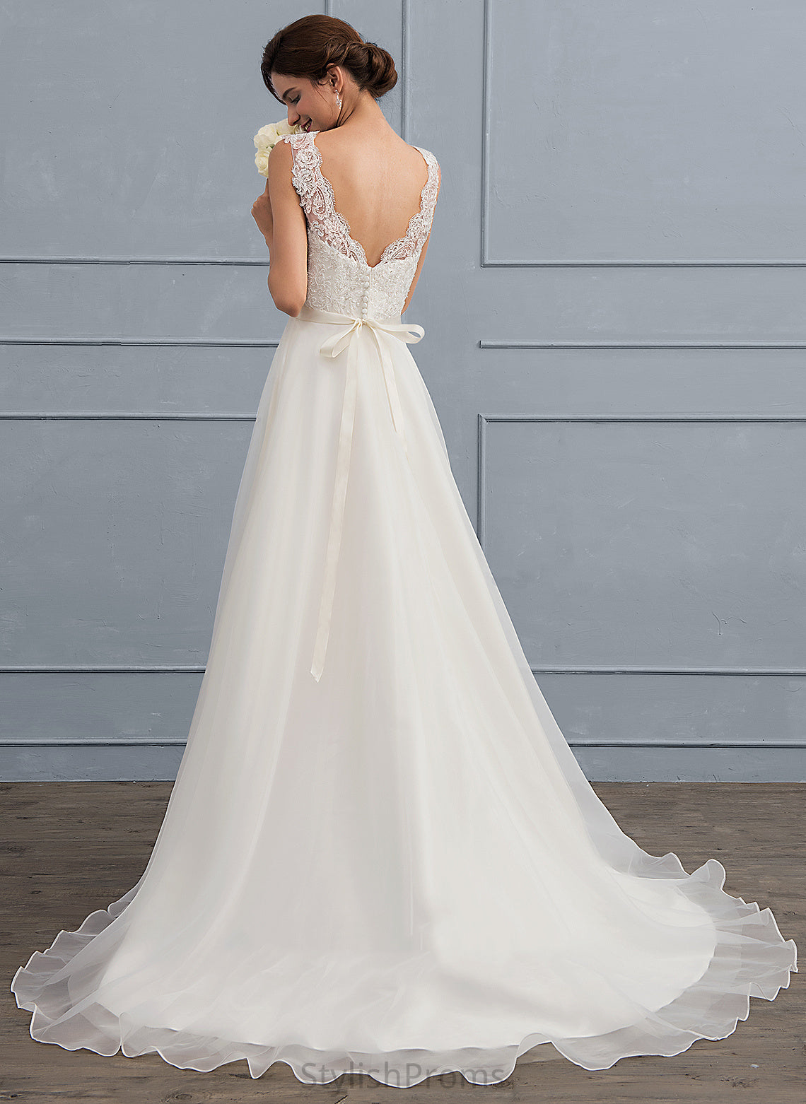 Dress V-neck With Arabella Wedding Lace Beading Organza Train Bow(s) Sweep A-Line Wedding Dresses