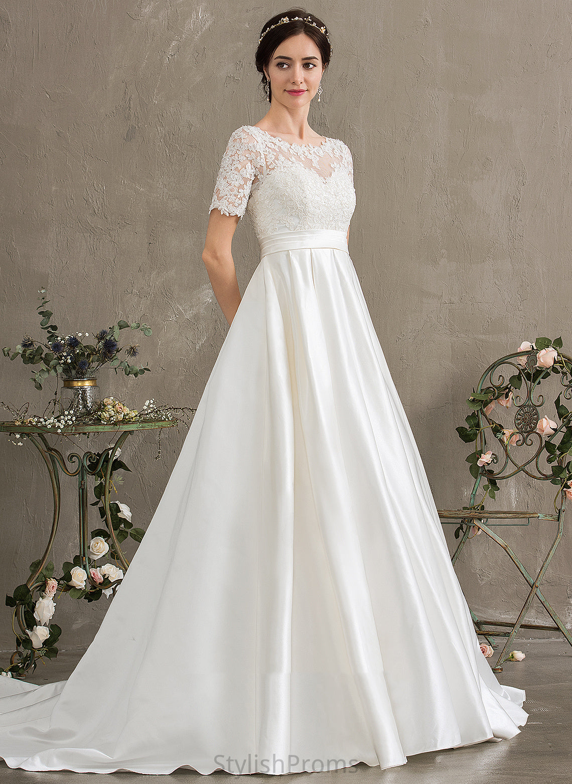 Beading Court Wedding Dresses Kiera Lace Wedding Sequins Train Pockets Satin With Dress Ball-Gown/Princess