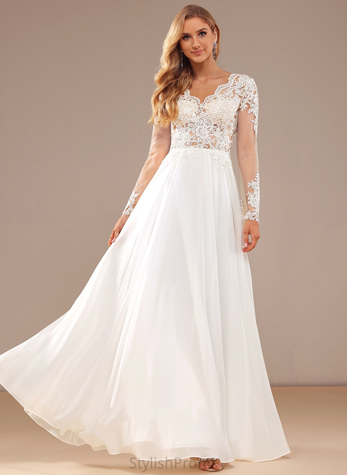 Floor-Length A-Line With Chiffon V-neck Dress Wedding Sequins Wedding Dresses Lace Peyton