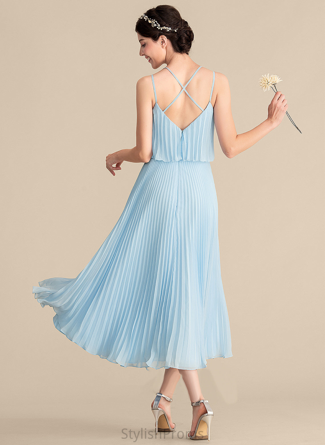 V-neck Dress A-Line Cocktail Dresses With Pleated Tea-Length Cocktail Charlotte Chiffon