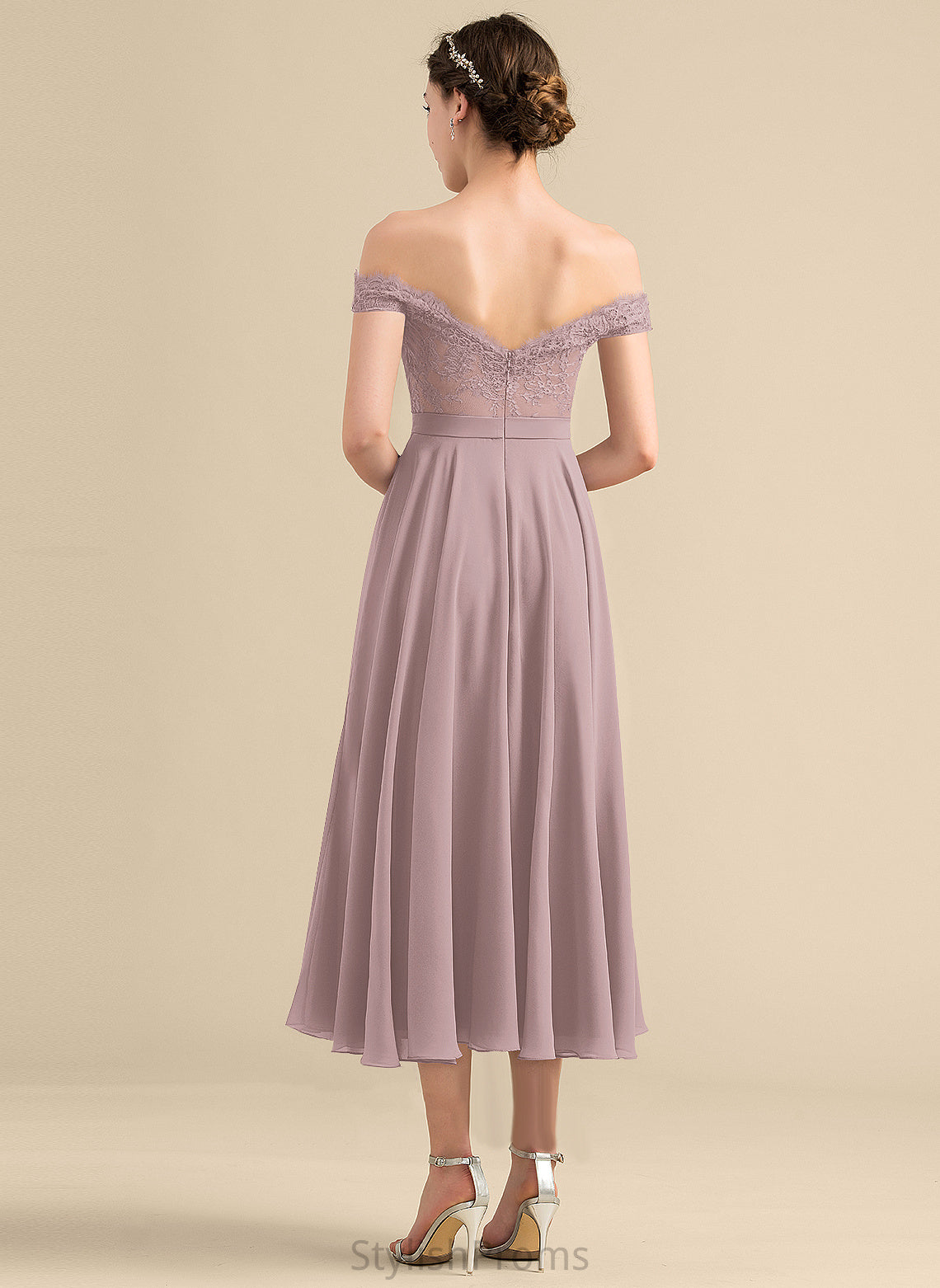 Chiffon Dress Lace Cocktail Dresses With Beading Tea-Length Off-the-Shoulder Cocktail Janiyah A-Line