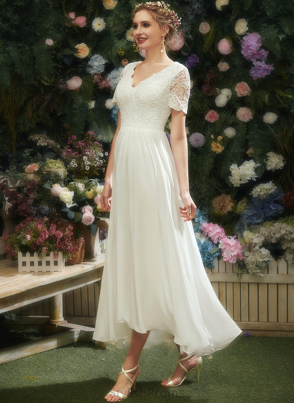 Lace V-neck Cecilia With Asymmetrical Wedding Dress A-Line Wedding Dresses