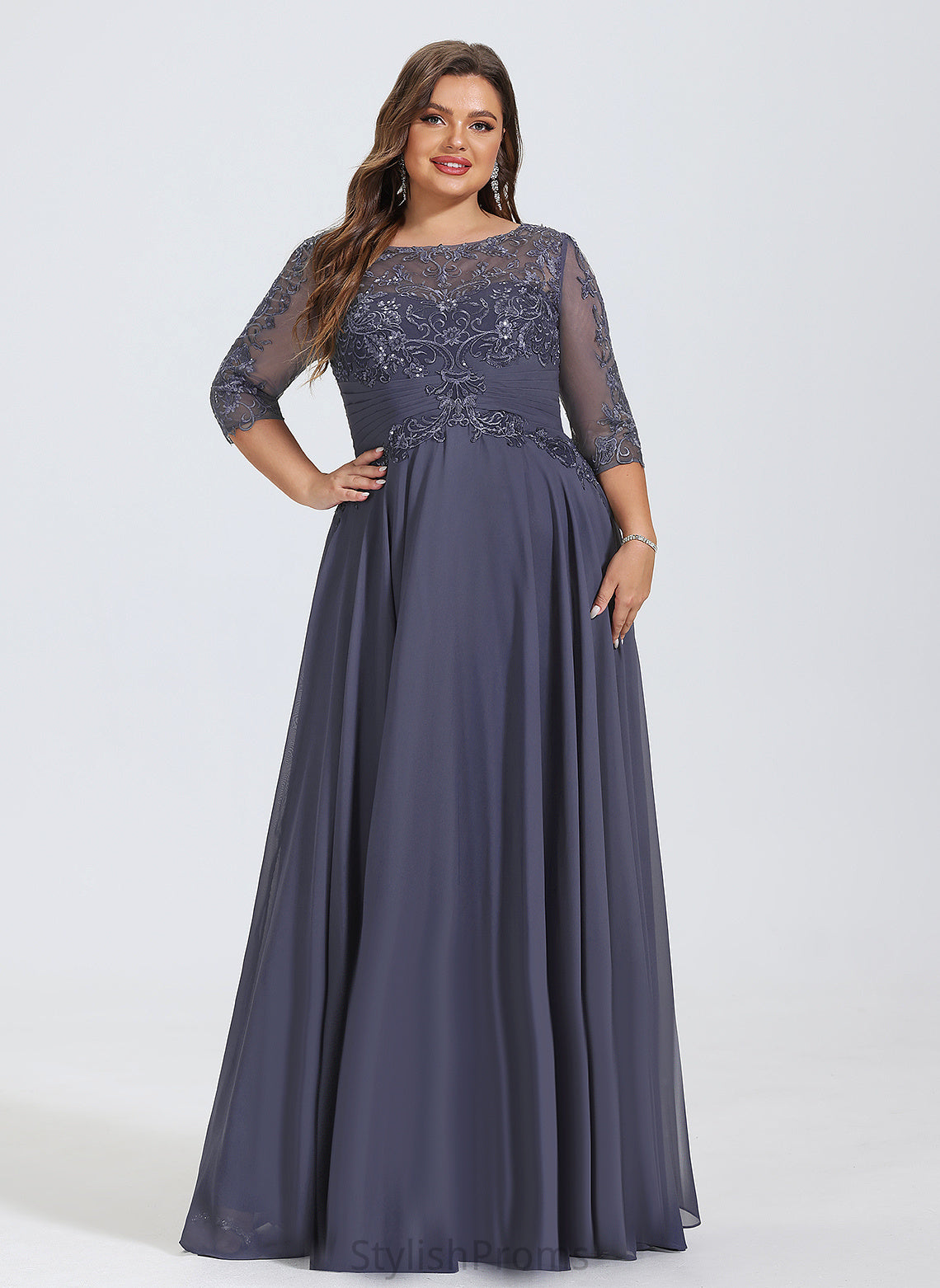 Sequins Illusion Chiffon Jasmine Prom Dresses Floor-Length Pleated Lace Scoop With A-Line