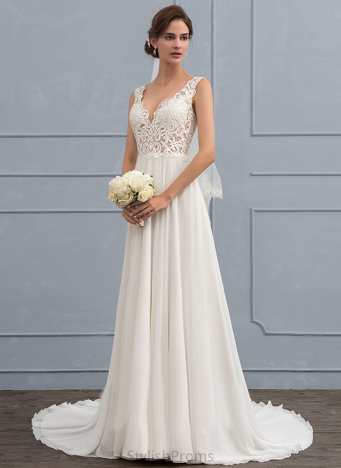 Gabrielle V-neck Wedding Dresses Dress Court Lace A-Line Chiffon Wedding Train