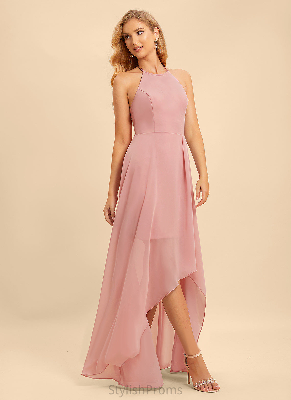 Neckline Silhouette Asymmetrical Fabric Length Embellishment A-Line Ruffle Halter Chaya Sleeveless Trumpet/Mermaid Bridesmaid Dresses