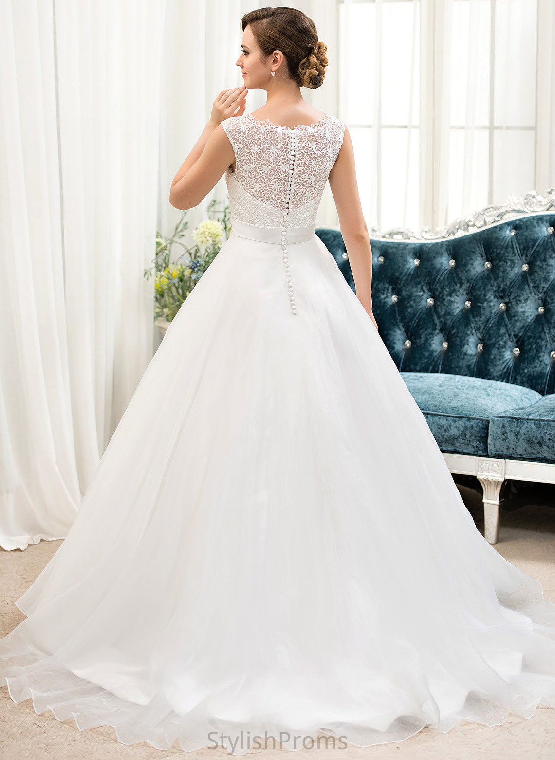 Ball-Gown/Princess Organza Train Lorena Neck Dress Scoop Lace With Sequins Beading Sweep Wedding Wedding Dresses