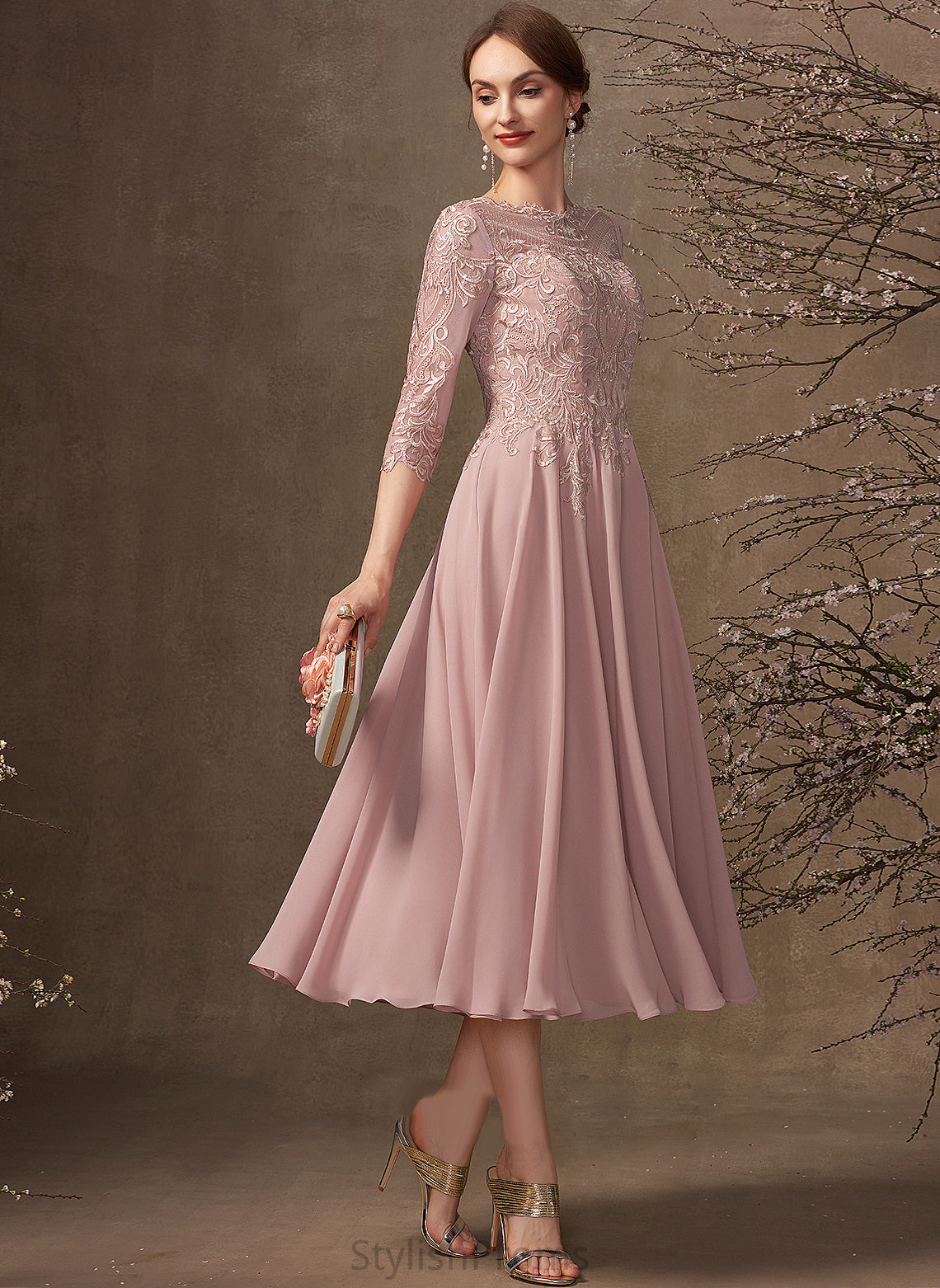 A-Line Chiffon Lace Scoop Dress Cocktail Dresses Neck With Saniya Tea-Length Cocktail Sequins