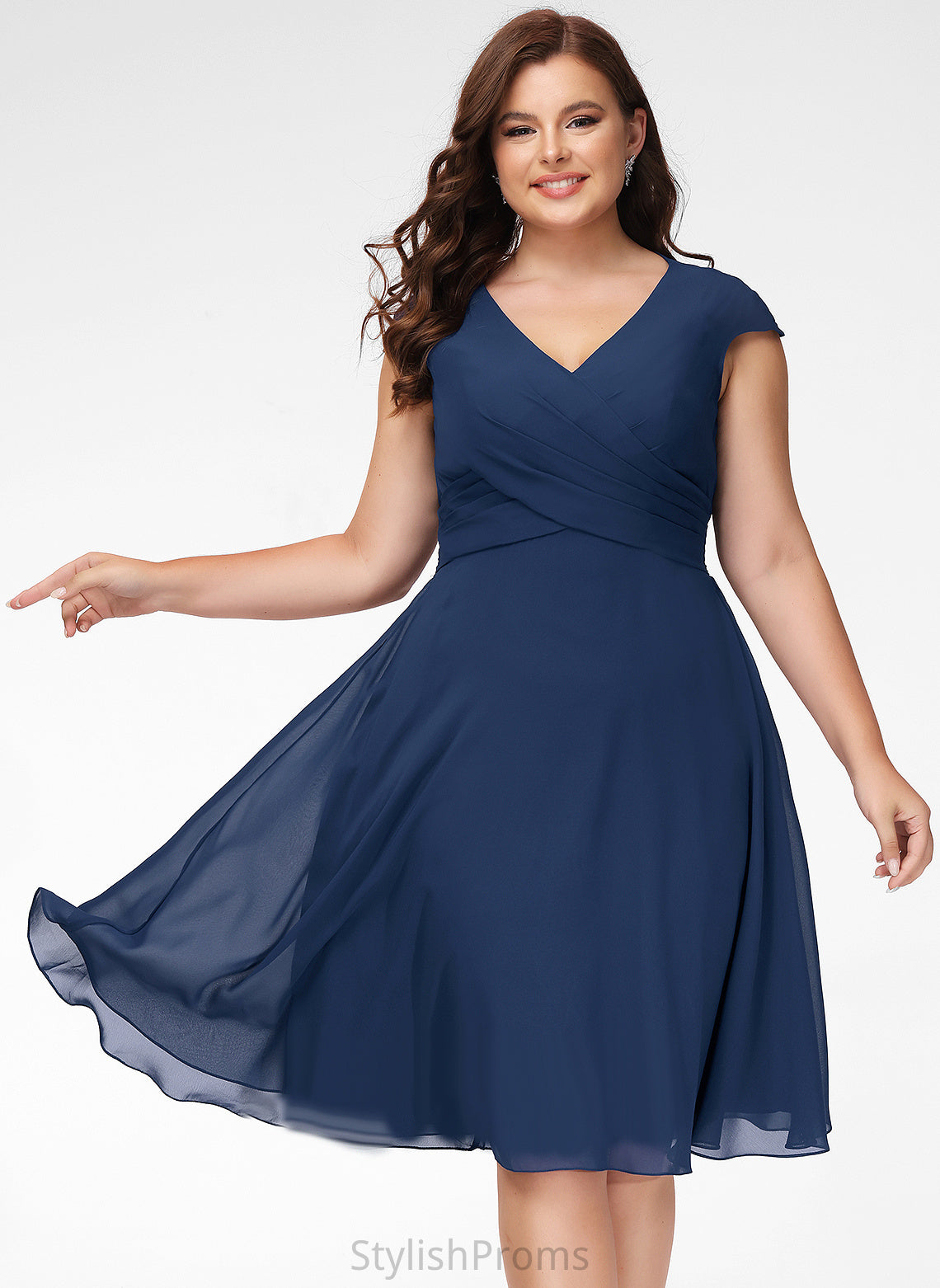 Ruffle Chiffon Cocktail A-Line Sahna Dress V-neck With Cocktail Dresses Knee-Length