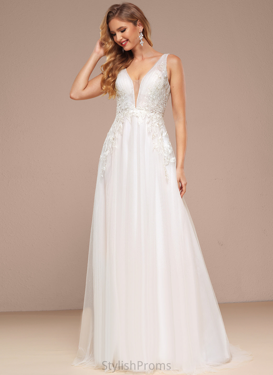 Sweep Tulle Bridget A-Line Train Lace Wedding With Sequins Wedding Dresses Dress V-neck