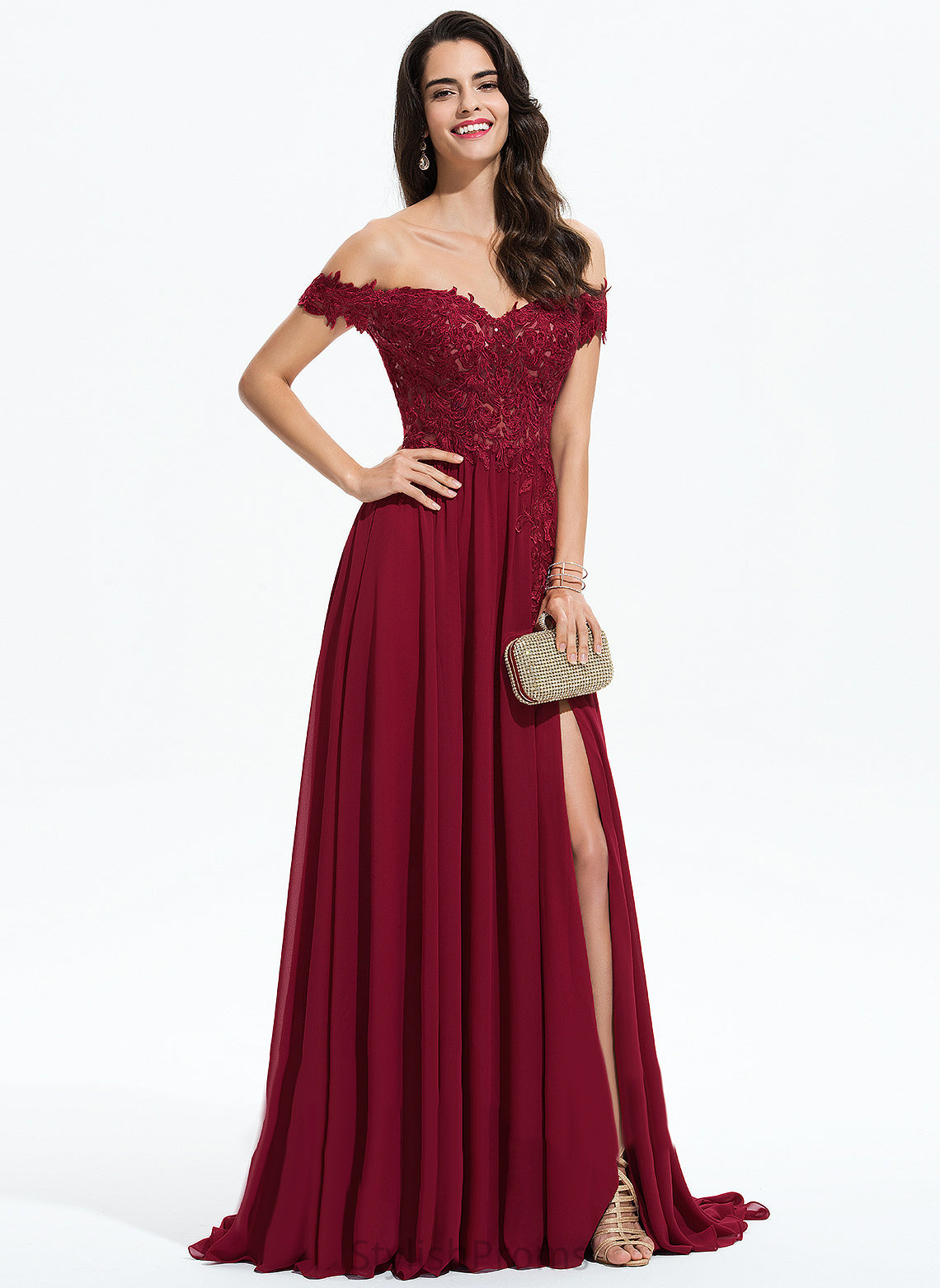 A-Line With Train Sweep Prom Dresses Off-the-Shoulder Sequins Lilyana Chiffon Lace